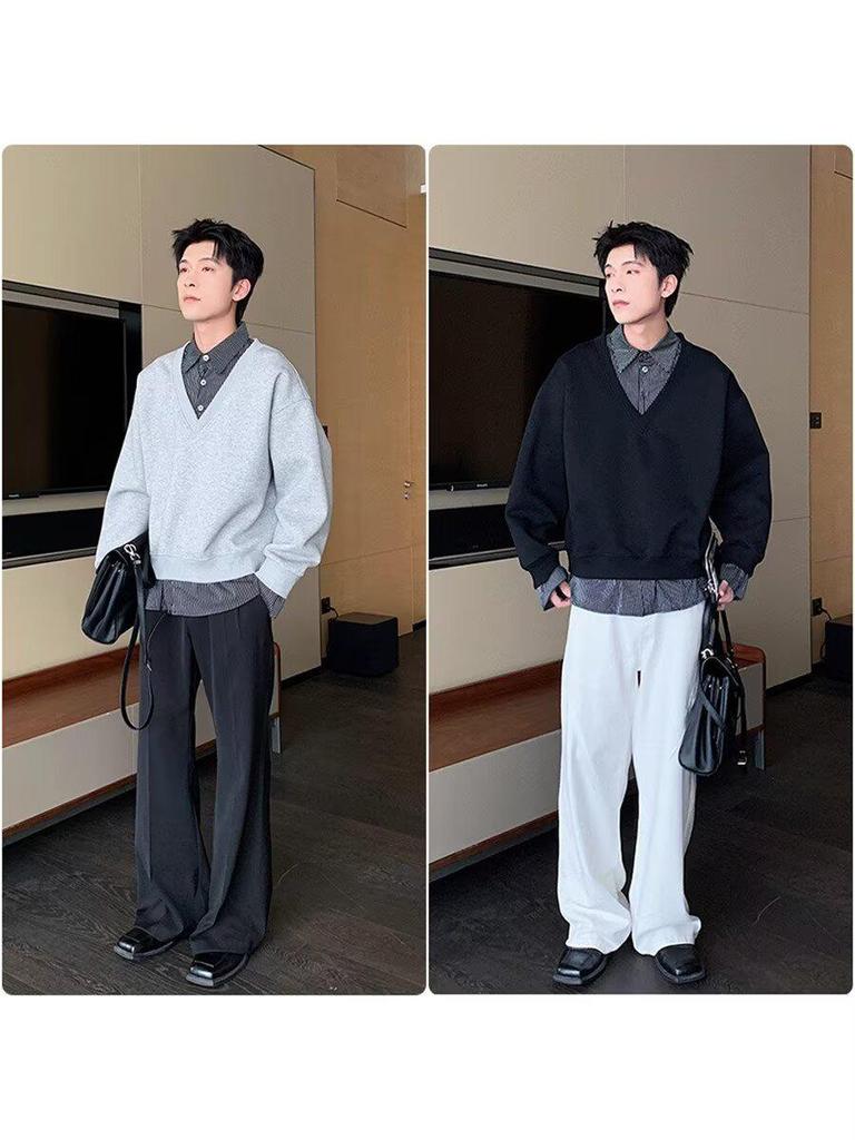 Men's Korean Style Two-Piece Patchwork Hoodie - Autumn/Winter Loose Fit, Solid Color, Versatile Design.