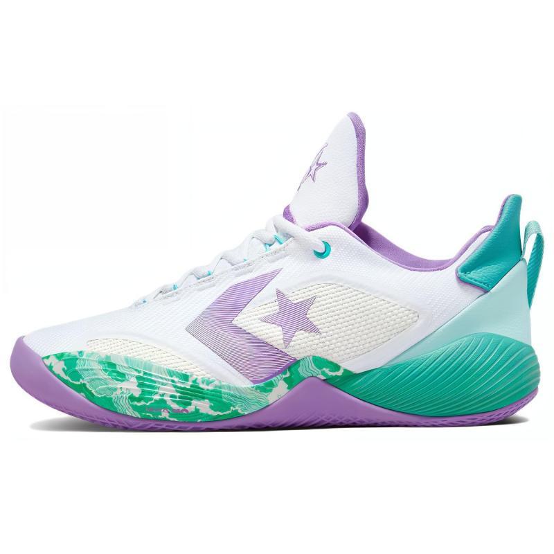

Converse All Star BB Shift Round Toe Comfort Fabric TPU Shock Absorption Anti-Slip Low Top Basketball Shoes Unisex White, Green and Purple 47.5