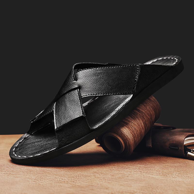 Handmade Leather Slippers For Men Vintage Roman Style Outdoor Casual Summer Trendy British Plus Size Flip Flops Rubber Sole