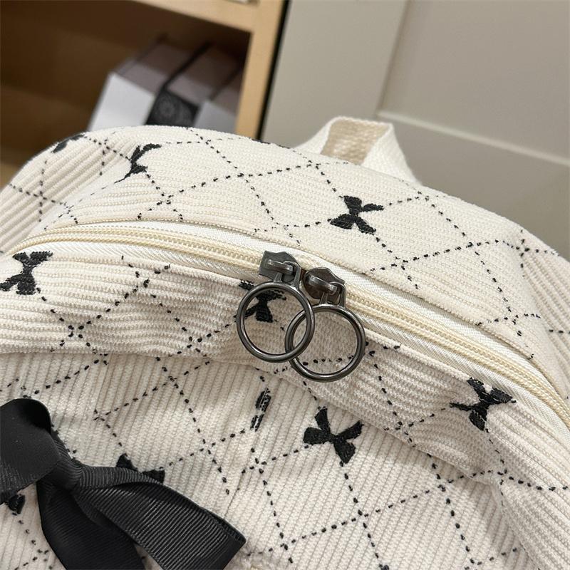 Corduroy Backpack Large Capacity Bow Print Backpack Student Schoolbag