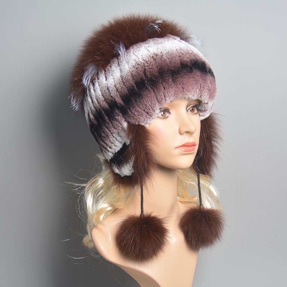Winter Hast for Women Real Rex Rabbit Fur Elastic Knitted Cap with Fox Fur Fall Bonnets Women's Beanies Hat with Ear Protector