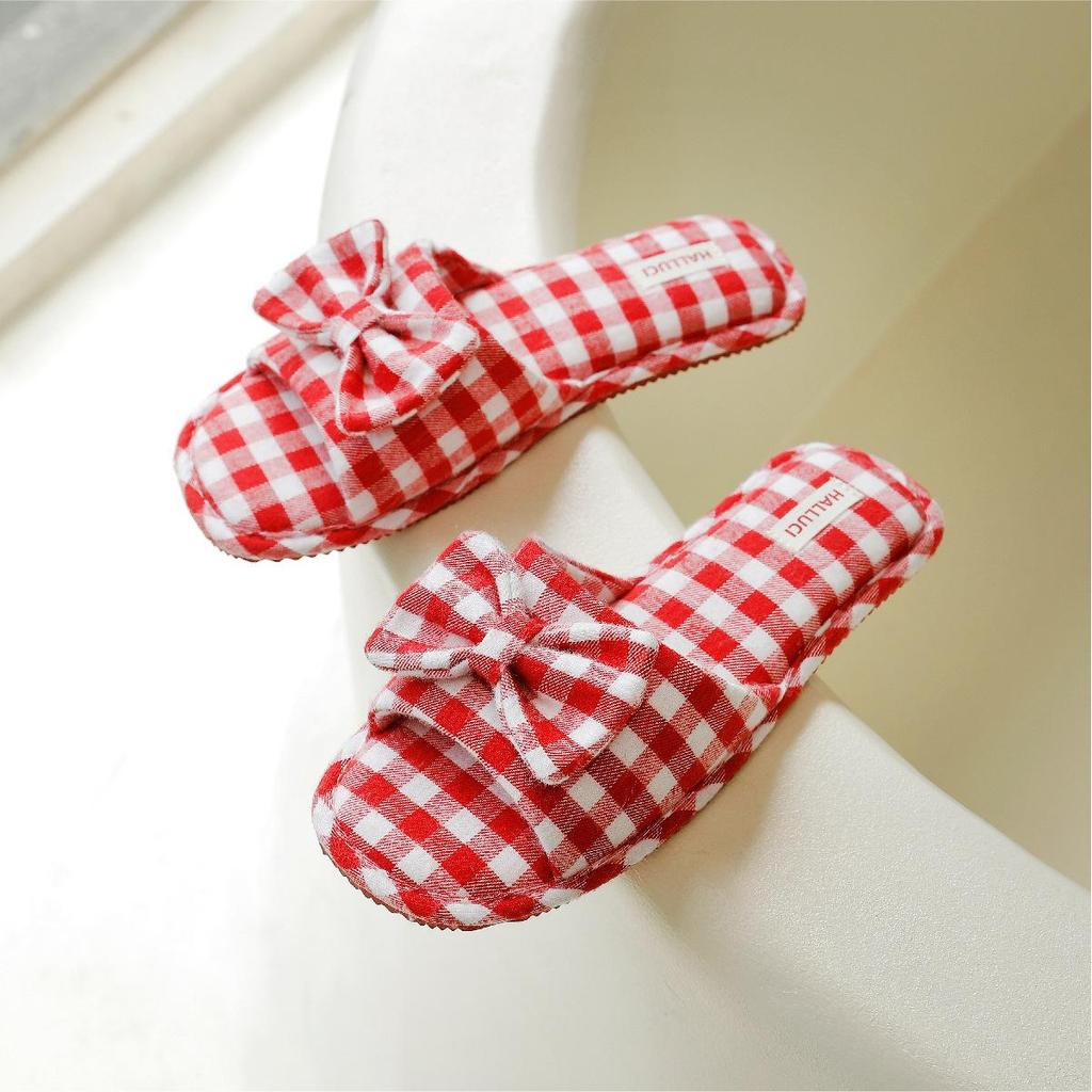 Four Seasons Plaid Bow TPR Sole Non-Slip Durable Women's Indoor Slippers