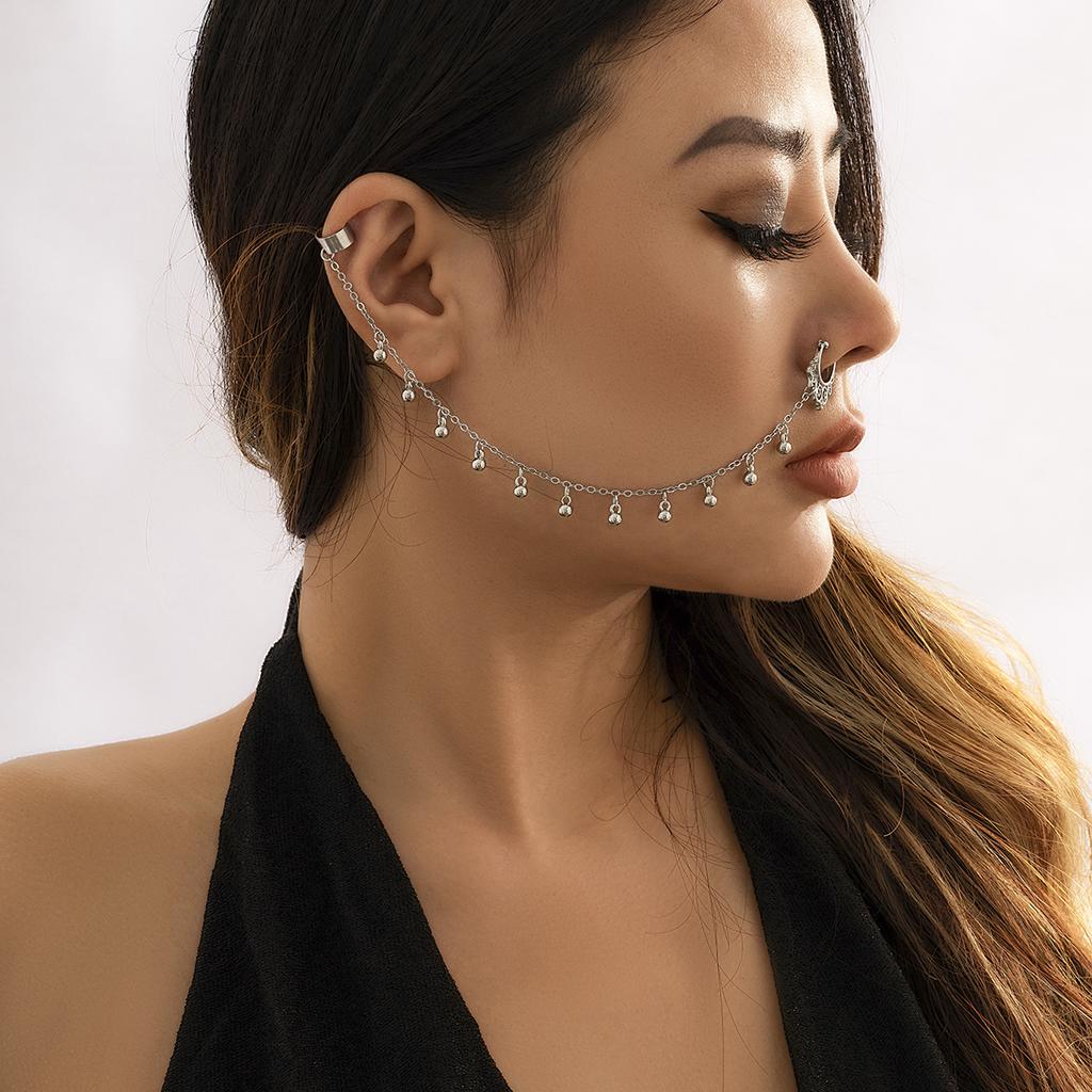 Ingemark Trendiger Geometrischer Perlenanhänger Nasenclip Ring Mit Ohrring Damen Ohne Piercing Metall Körperkette Schmuck Tänzer Zubehör