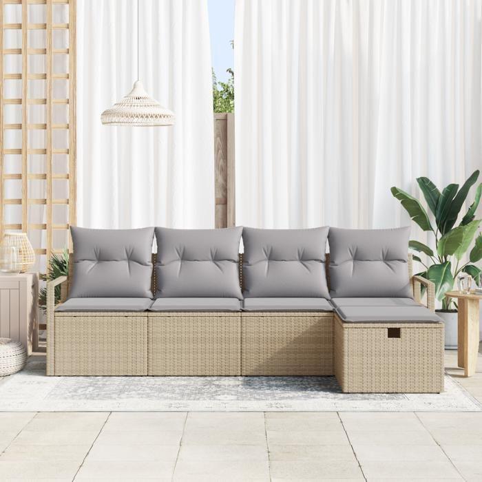 Canapés de jardin 5 pièces avec coussins Beige en poly rattan, Canapé de jardin 2 places avec coussins Beige en poly rattan 3359159