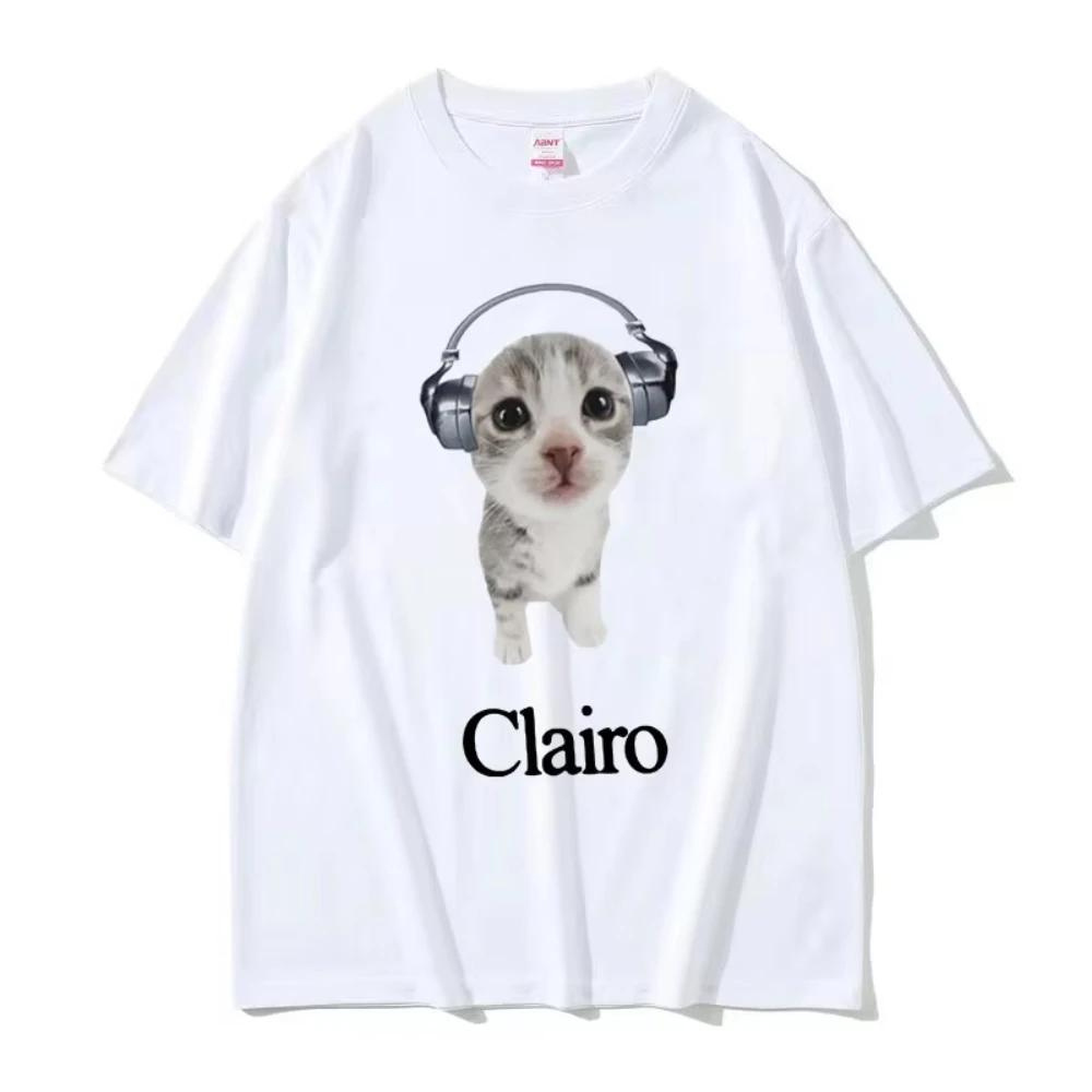 Clairo Cute Cat Listening To Music Funny Meme T Shirts Men Women Casual Fashion Short Sleeve T-shirts Male Cotton Oversized Tees