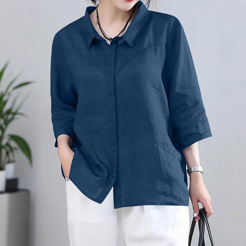 

ZANZEA Женская однотонная свободная блузка с отложным воротником и рукавом 3/4 5XL темно-синий