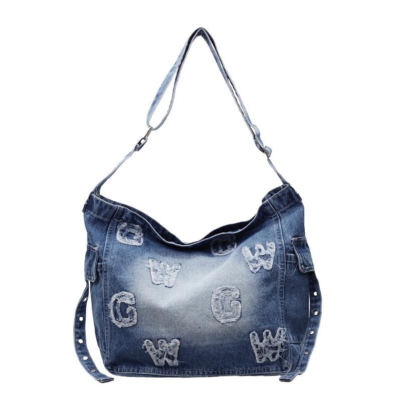 

Джинсовая сумка через плечо с надписью Женская сумка кроссбоди Большая вместительная сумка-тоут джинсовый синий