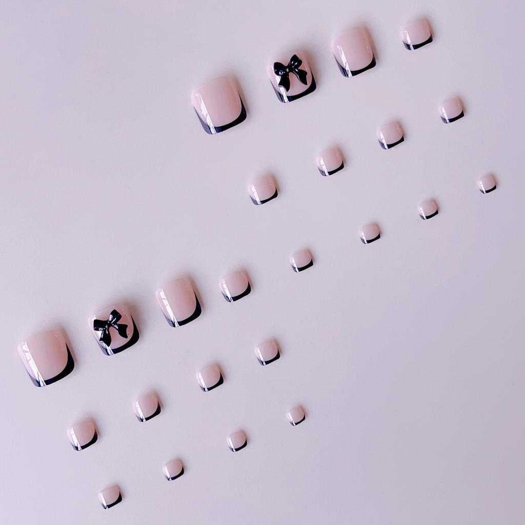 24 Pcs Black French Tips Fake Toenails Press On Nails Short Square, 3D Black Bow Decoration Fake Toe Nails For Women Summer Decoration Nail Supplies