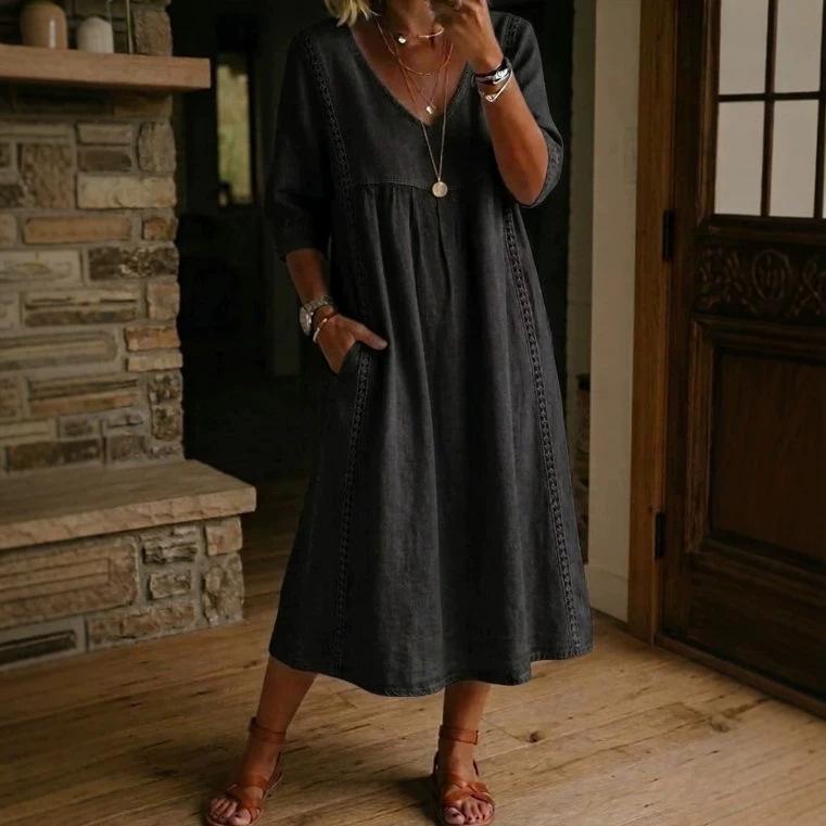 Women's V Neck Three Quarter Sleeve Loose Fit Lace Spliced Linen Blend Midi Dress Solid Color Casual Vacation Daily Wear Long Sundress