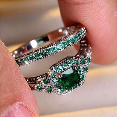 Luxury Female Green Zircon Stone Engagement Ring Set Cute Silver Color Wedding Jewelry For Women