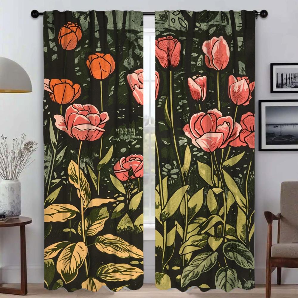 Roses and Pink Tulips Curtains for Living Room Curtain Tulle for Bedroom Shades Home Interior Curtains 2 Pieces Partition Camera