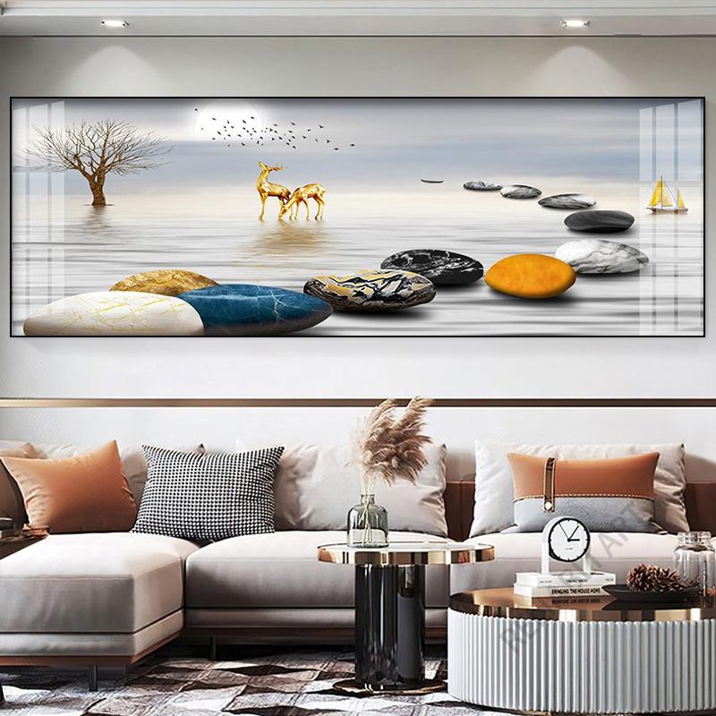 New Chinese Fengshui Golden Zen Stone Canvas Painting Wall Art Rich Tree Posters Gold Deer Prints for Living Room Home Decor