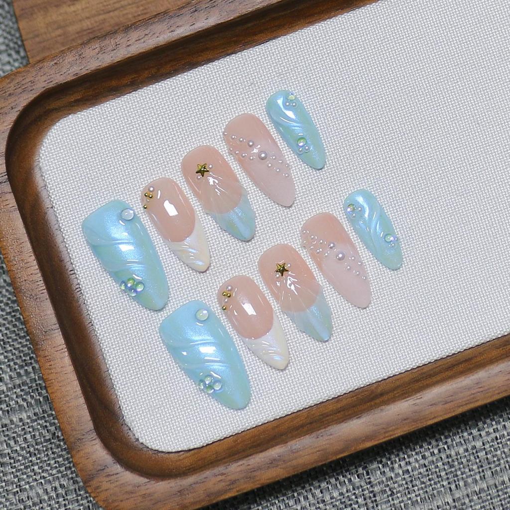 Hot-Selling Transparent Almond Manicure: Ocean Elements Medium-Length Whitening False Nails – Handmade, Detachable & Wearable