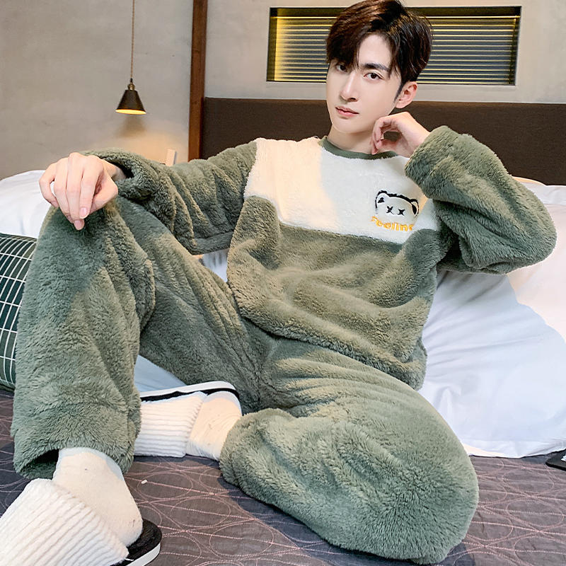 Winter Men Fleece Casual Long Sleeve Pajamas Set Coral Velvet Cute Cartoon Sleepwear Plush Thicken Warm Homewear