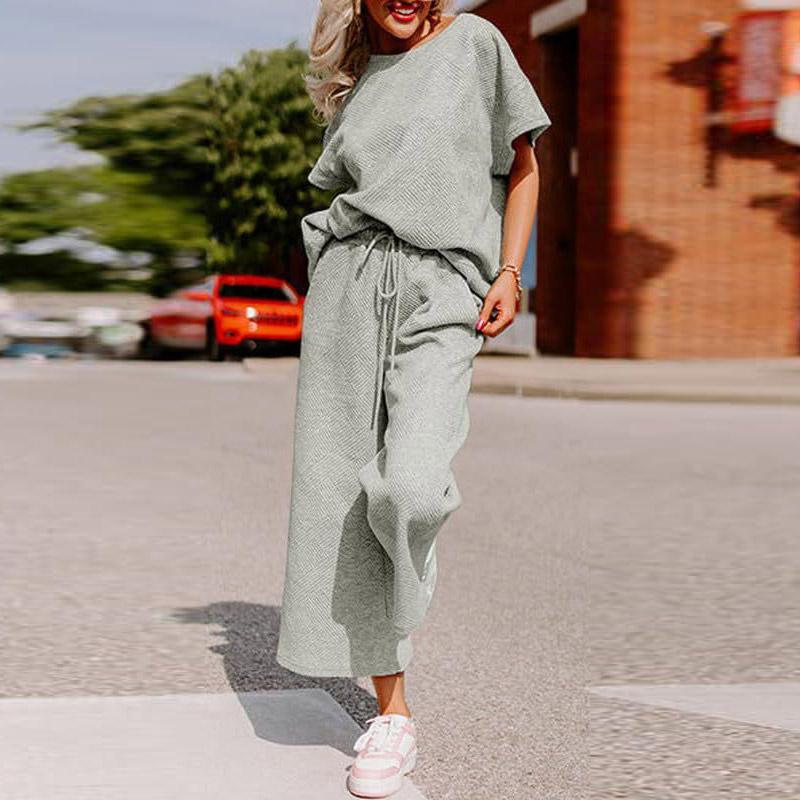 Sets for Women Summer Lounge Sets O-Neck Tops Wide Leg Crop Pants Vacation Travel Outfits