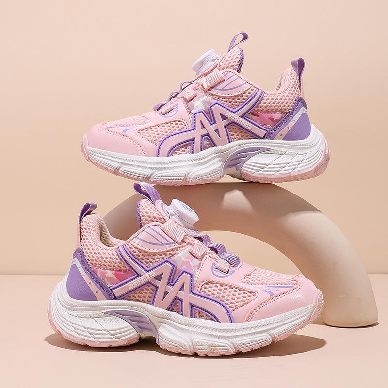 Children's Rotating Button Sneakers 2025 Spring and Summer New Double Mesh Breathable Girls' Dad Shoes Boys' Lightweight Running Shoes