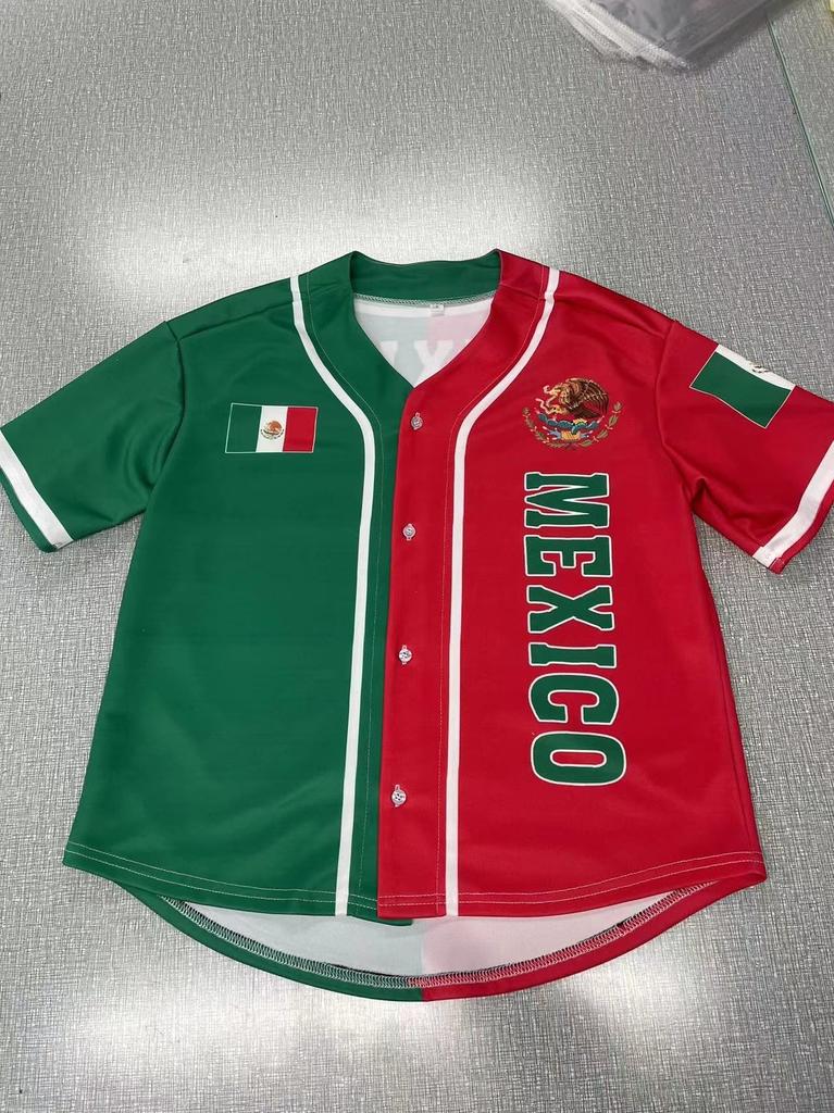Mexico baseball team element print summer v-neck button-down baseball jersey