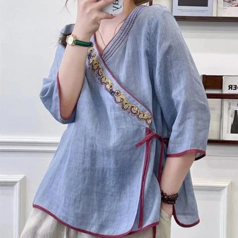 V Neck Chinese Style Embroidered Linen Short Sleeved T Shirt Women's Summer Tie Loose Tea Jacket