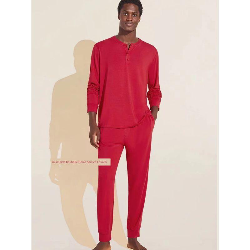 

Super Comfortable ~ Italian Order Spring & Fall Men Henry Collar Modal Long Sleeves Pants Homewear Pajamas Suit Red 185/XXL