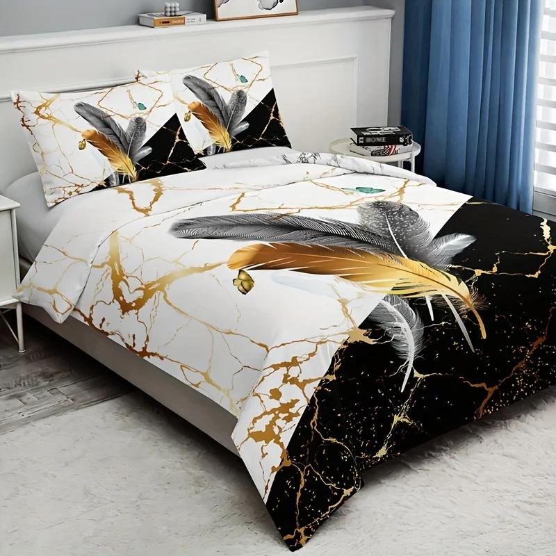 Fashion Quilt Cover Package Bronzing Marble Feather Printed Design Bed Cover Package Cozy Comfortable Quilt Cover For Bedroom Guest Room