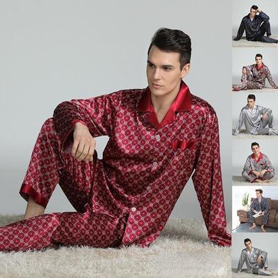2025 Neues langärmeliges Herren-Pyjama-Set aus Seidensatin mit klassischem Aufdruck, luxuriöses seidiges Pyjama-Nachtwäsche-Set