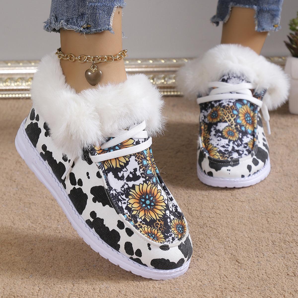 

Мода 2024 года. Холщовые туфли с рисунком подсолнухов и коров. Пушистые повседневные туфли на плоской подошве. Зимние теплые низкие кроссовки. 42 белый