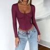 Women's Pink Satin Long Sleeve Top Scallop Trim Tie Front Slim Fit Blouse