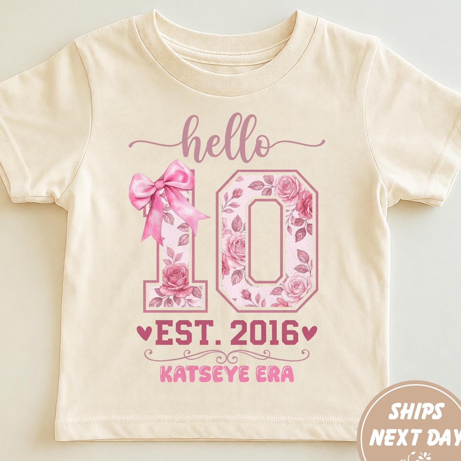 Personalized Hello 10 Birthday Girl Shirt, 10th Birthday Floral Bow Tee, Est 2016 Kids Birthday Outfit, Cute Girl Birthday Gift 160