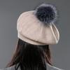 A Women's Beret Knitted Wool Hat with Fur Ball, Fashionable European and American Popular Hat, Autumn and Winter Thick Ear Protection Wool Hat
