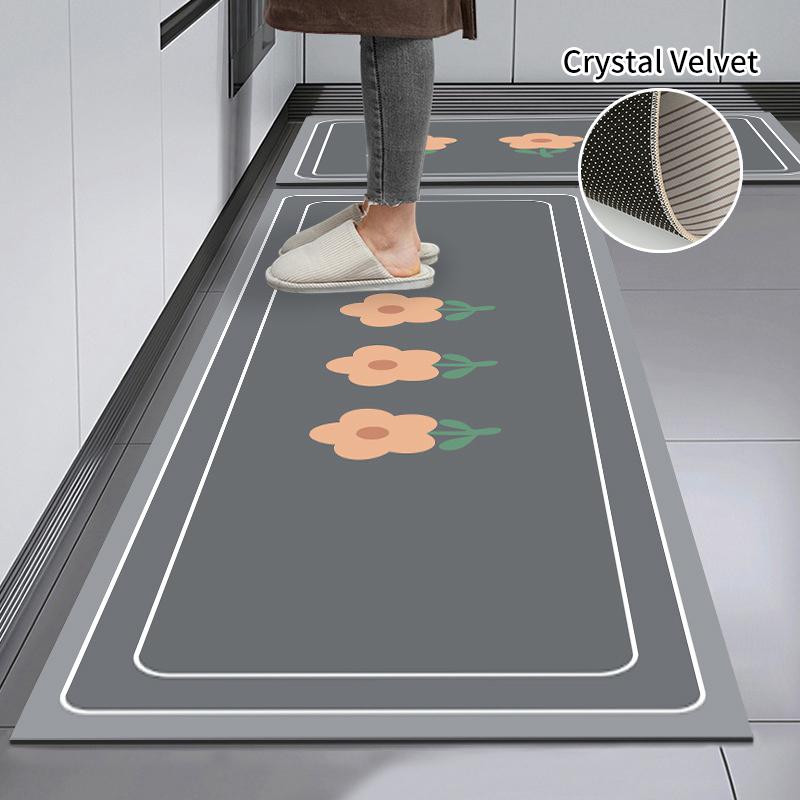 Classic Kitchen Mat Foot Mat Non-slip Kitchen Rug Crystal Velvet Long Carpet Soft Washable Bathroom Rug Kitchen Accessorie Tapis