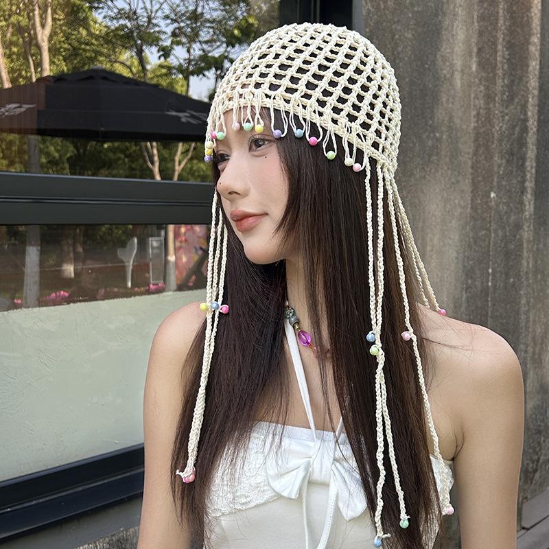 New Colorful Pearl Tassels Baotou Hat Pure Hand Crochet Hollowed Out Ethnic Style Tassels Beach Hat