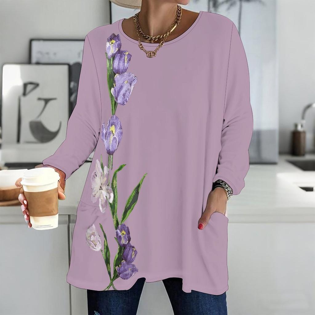 Plus Size Women Round Neck Long Sleeve Tee Soft Loose Tops For Daily Stroll And Indoor Rest
