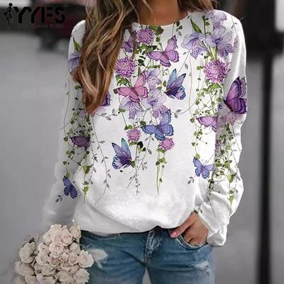 Damenmode, lässig, Frühling und Herbst, Blumenmuster, bedruckt, langärmelig, O-Ausschnitt, Blusen und Hemden