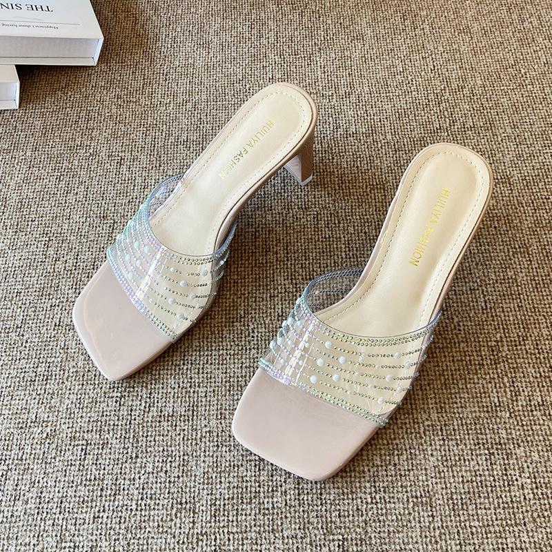 

X281-8 Сексуальные босоножки с открытым носком и квадратным носом, сандалии на толстом каблуке, универсальные для лета 2025, крутые шлепанцы 40 розовый