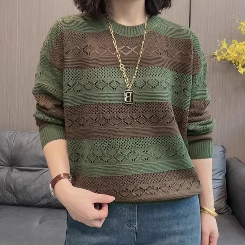 Striped Plus Size Long Sleeve Sweater Summer Women Fashion Knit Top Lace Up Design Versatile Mother Casual Blouse