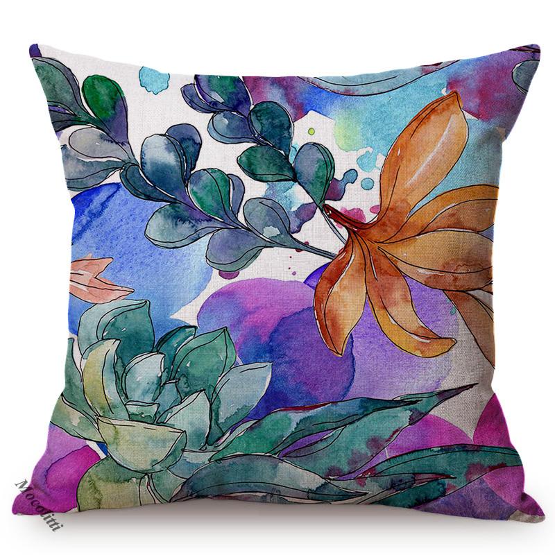 Lotus Florals Watercolor Art Home Decoration Sofa Throw Pillow Case Succulent Plants Flowers Luxury Cotton Linen Cushion Cover