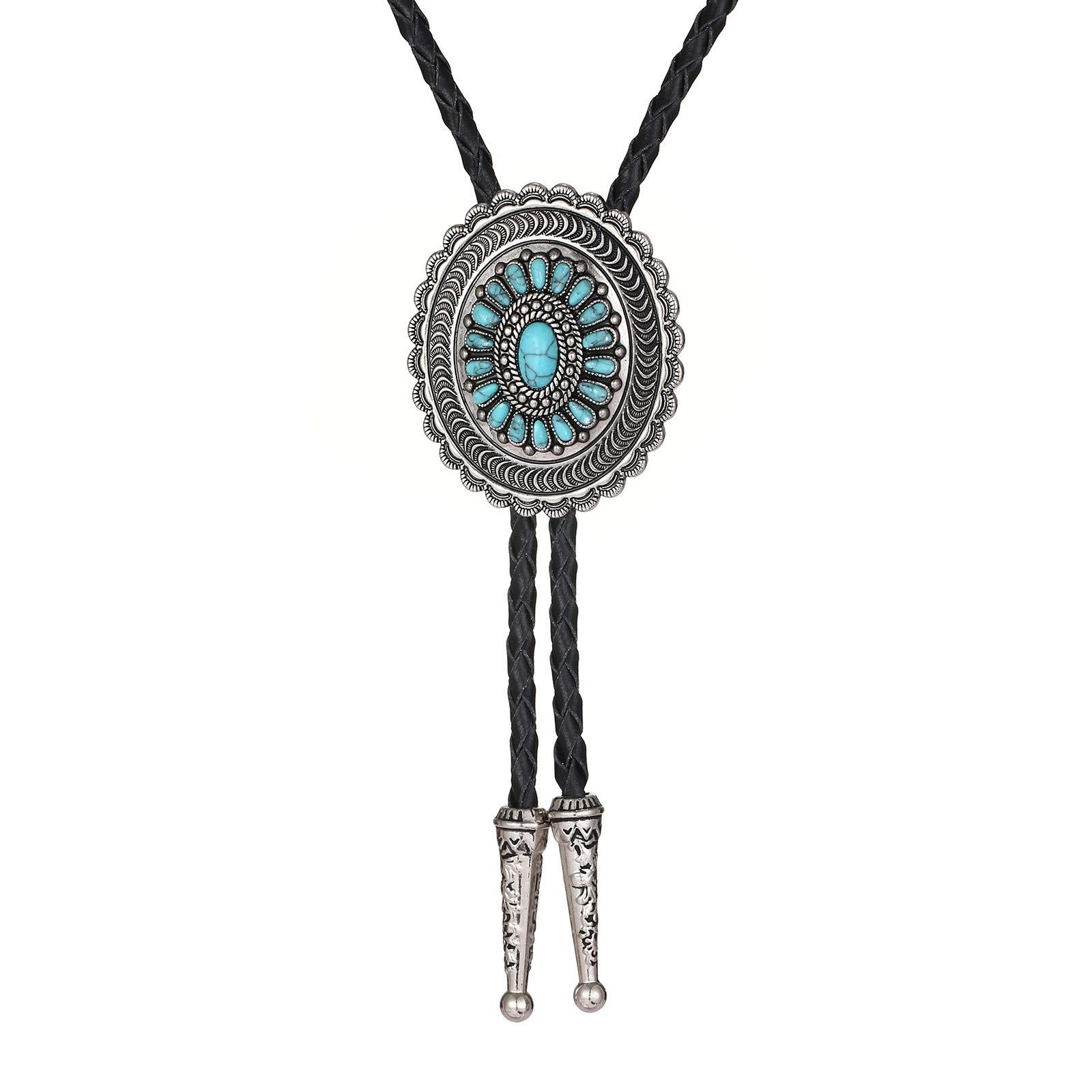 Braided Shoestring Bolo Tie with Turquoise Fretwork Charm Cowboy Necktie Necklace Country Bolo Tie Cowboy 1