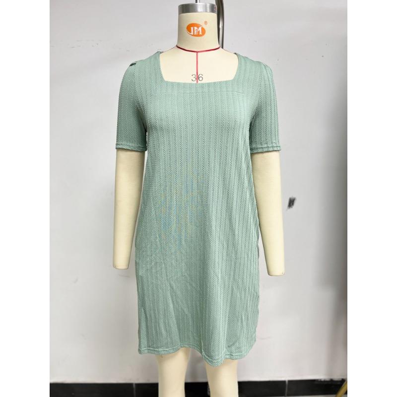 Women's Summer Square Collar Short Sleeve Pocket Solid Color Dress
