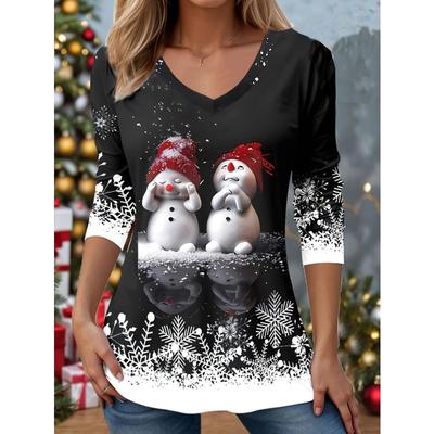 Cute Snowman V-Neck Long Sleeve Color Block Print Women's T-Shirts Soft Breathable Comfortable for Spring T-Shirts Women’s
