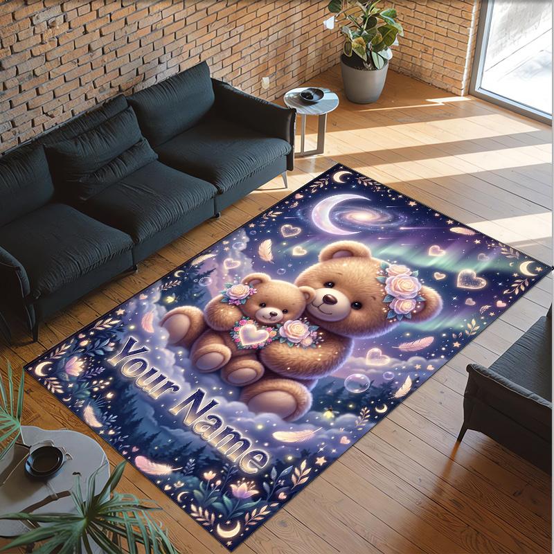 Teddy Bear Theme Crystal Velvet Rug Personalized Custom Name Text Soft Floor Mat Home Decor