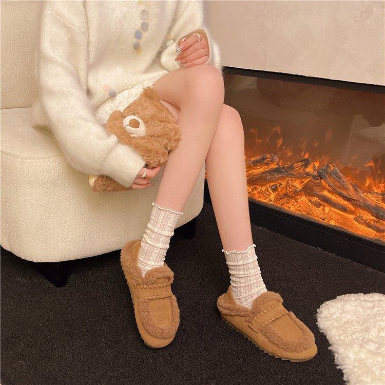 

Doudou обувь из овечьей шерсти женская 2025 осень и зима новая на плоской подошве ретро обувь Бокен бархатные туфли-лодочки хлопковая обувь на один шаг 40 хаки