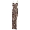 European and American autumn new chain sexy halter suspender skirt irregular high split fashion leopard print dress