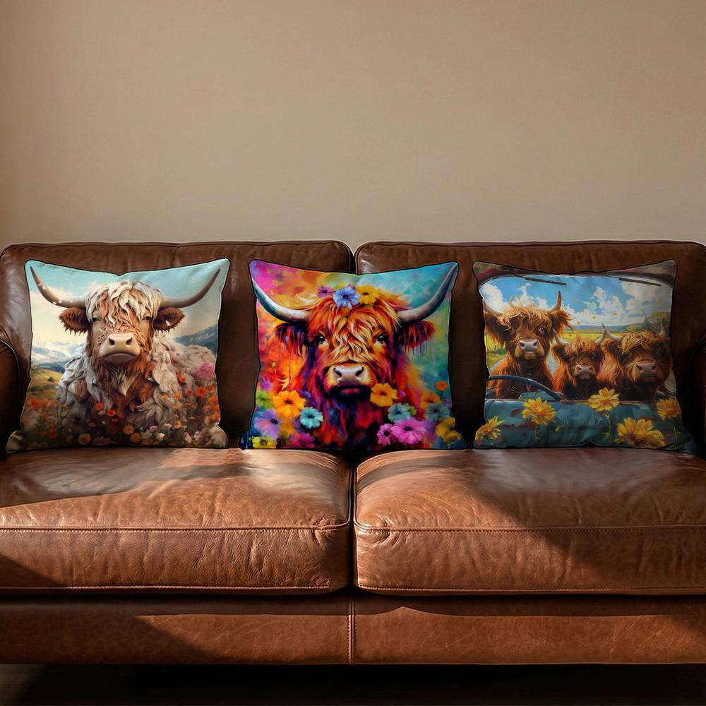Vibrant Highland Cow Pattern Cushion Cover Soft Reversible  Durable Pillow Cover  MultiScene Use for Home  Car Daily Comfort