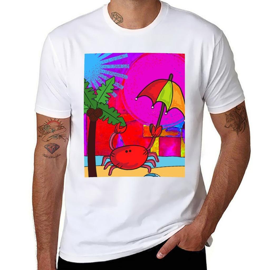 Man CRAB WITH UMBRELLA CUTE T-Shirt ON for FUNNY BEACH RED CARTOON FUCHSIA ORIGINAL Graphic Funny PINK T ART Shirts