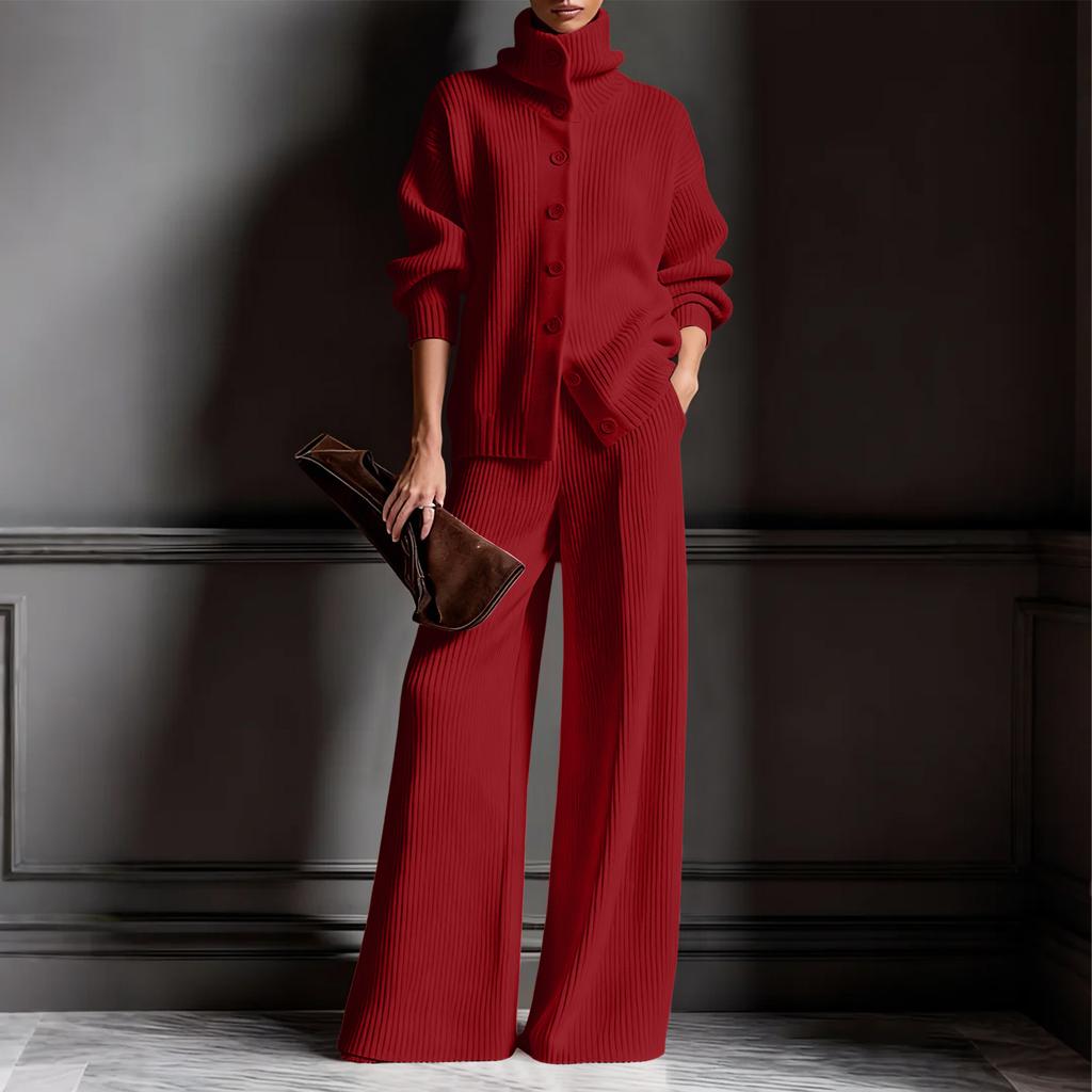 Damen Strickjacke mit hohem Kragen, einfarbig, langärmeliges Oberteil und Hose mit weitem Bein, Strick-Zweiteiler