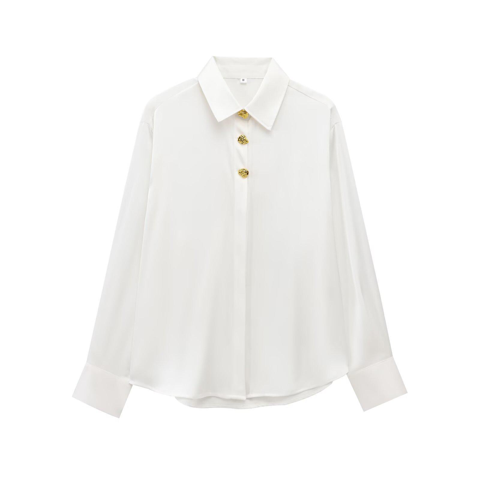 

Весна 2025 Женская рубашка из шелкового сатина в европейском и американском стиле с золотыми пуговицами Medium белый