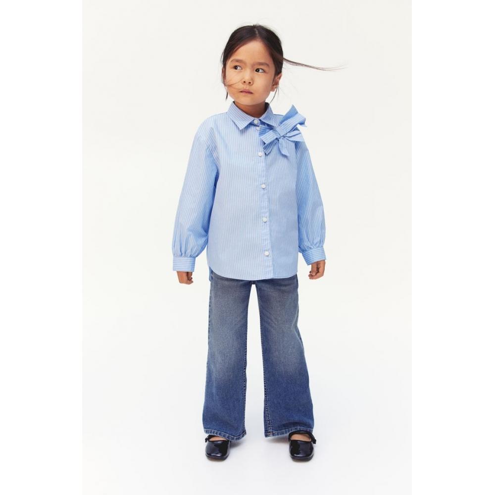 

H M ribbon detail poplin blouse light blue stripe