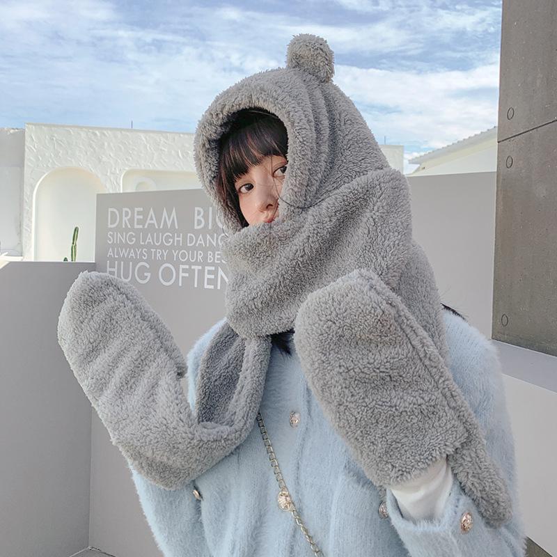 Korean Version of Autumn and Winter Hat Scarf Gloves One Piece Three Piece Warm and Cold Proof Scarf Cute Fashionable Ear-protecting Plush Hat