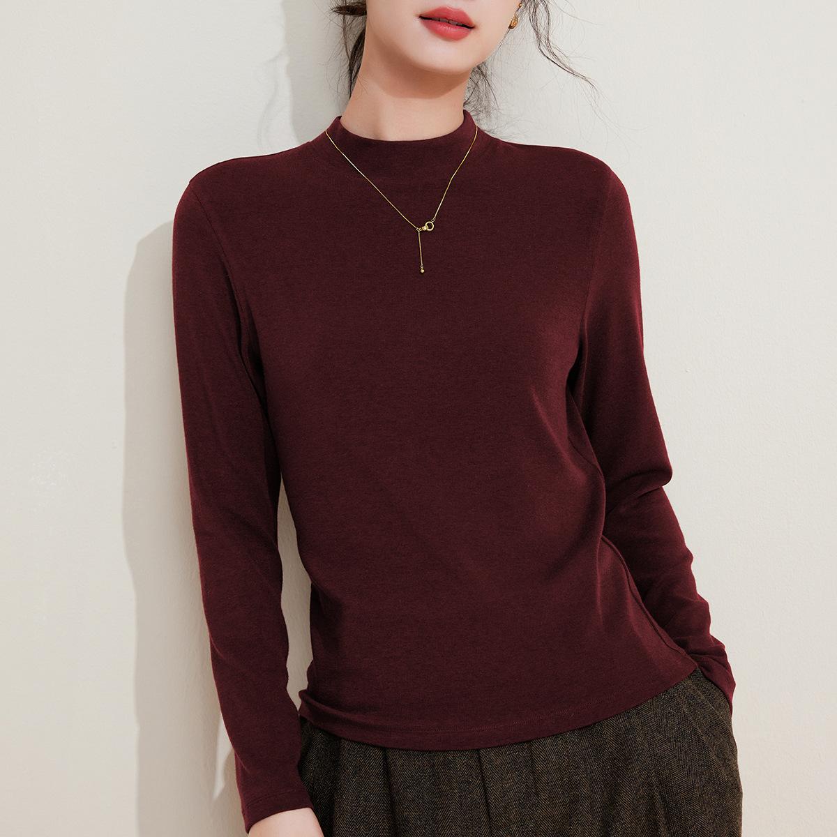 

Женская базовая рубашка с полувысоким воротником, черная внутри, высококачественный осенне-зимний вязаный топ большого размера из новой шерсти M