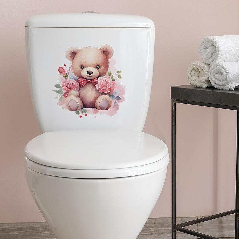Cartoon Cute Bear with Roses Toilet Seat Sticker Bathroom Decor Removable Waterproof Wall Decal